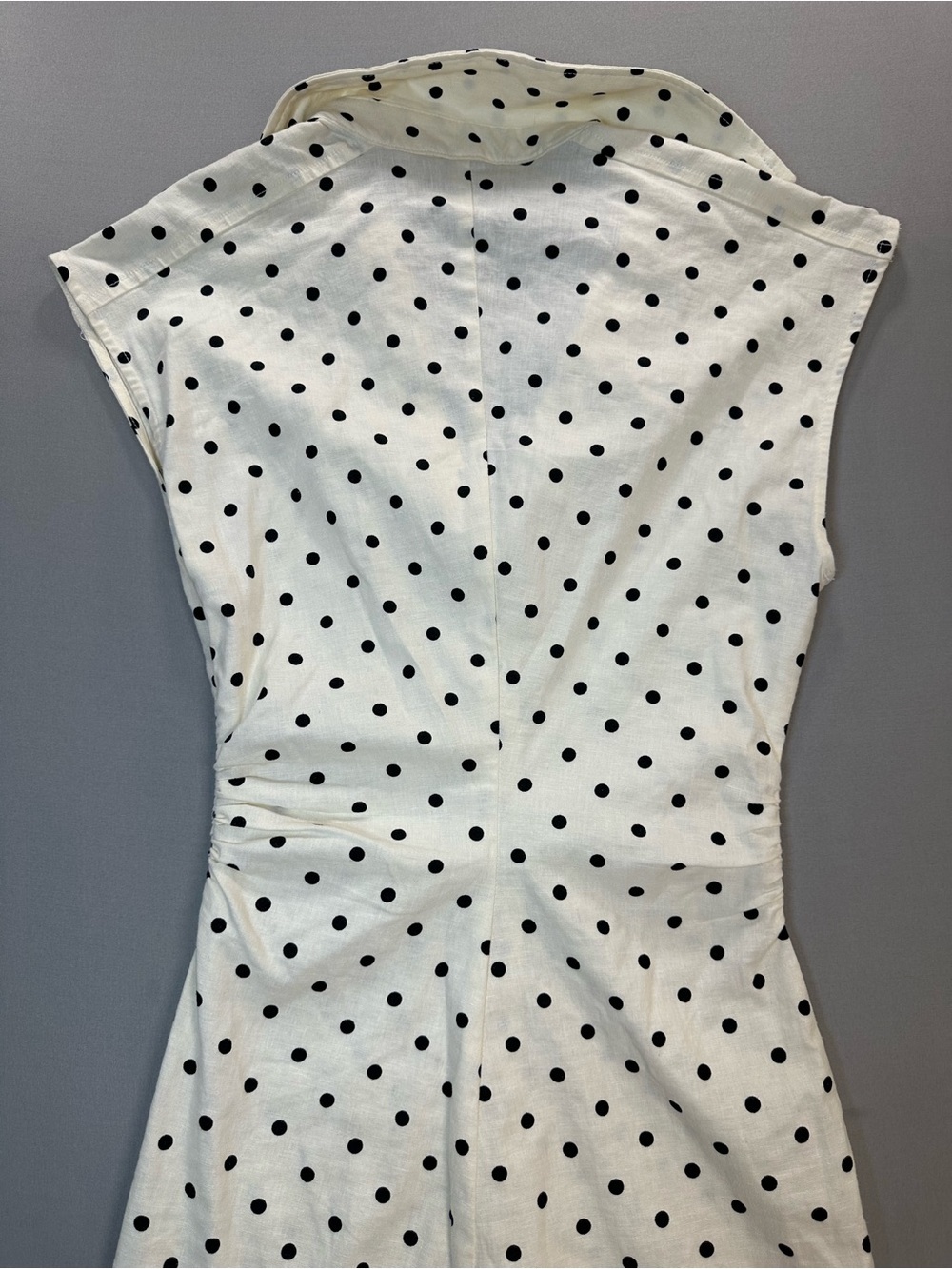 Zara Polka-Dot Linen-Blend Fitted Midi Dress, Cap Sleeve, Ruched - Womens XS - Picture 14 of 16